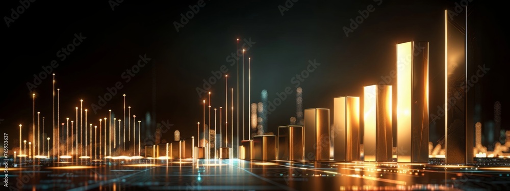 Gold bullion and growth candlestick chart isolated on black background. Creative idea crypto trading, stock trading, investments and stocks. 3d render illustration imitation.