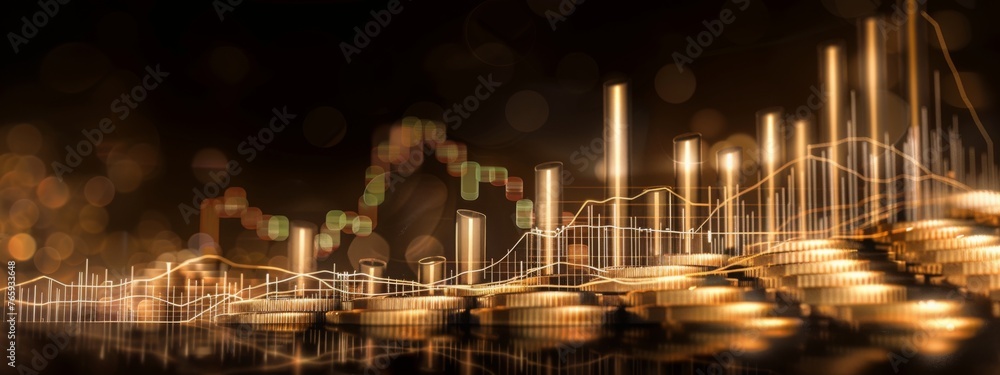Currency growth candlestick chart isolated on black background. Creative concept crypto trading, stock trading, investments and stocks. 3d render illustration imitation.