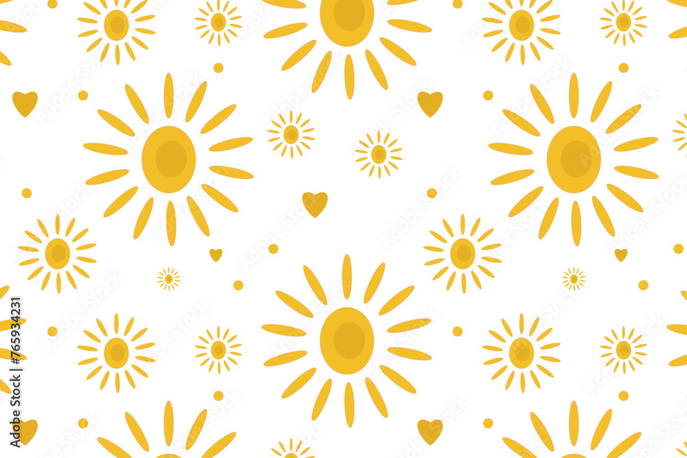 Hand-drawn pattern with flowers, yellow hearts Hand-drawn pattern with flowers, yellow hearts