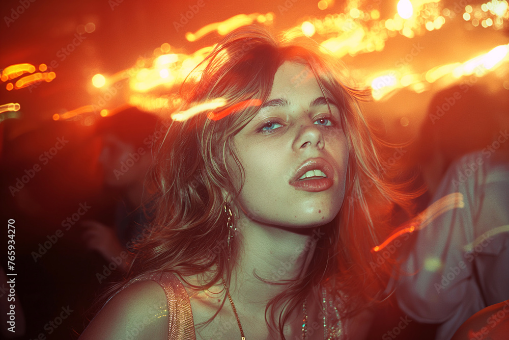 portrait of young drunk teen girl dancing on the dance floor in a nightclub. Vintage retro color film photo