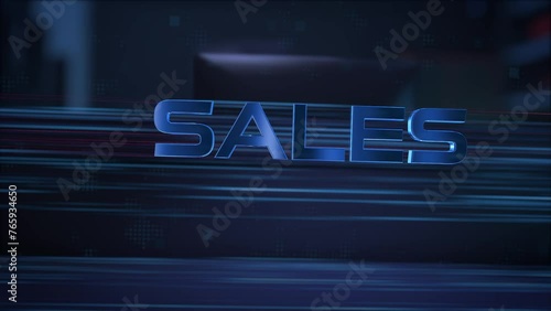 Sales. Businessman using a computer in a dark room. 3d rendering. 4K. 60fps