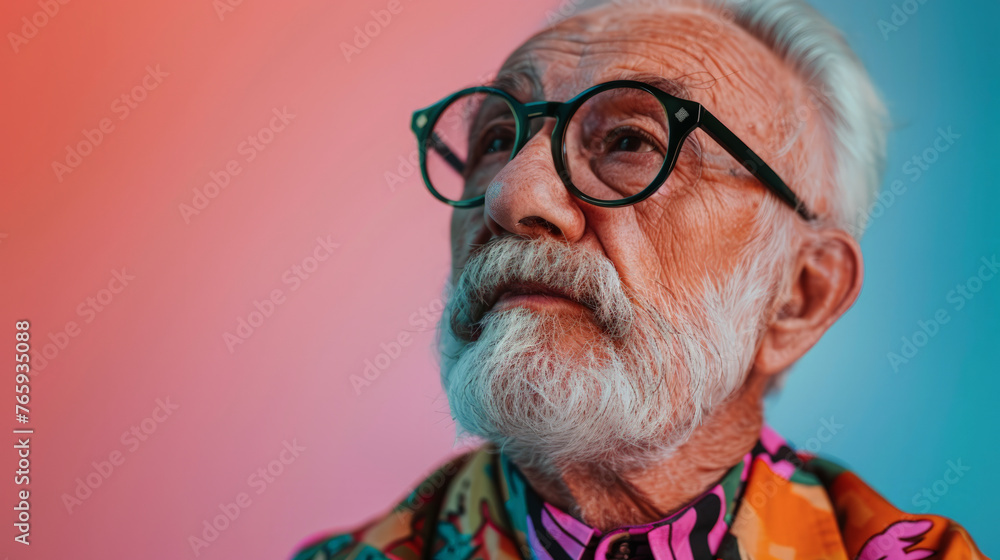 Friendly hipster bearded grandpa with glasses on colorful soft colors background. Friendly hipster bearded grandpa with glasses on colorful soft colors background.