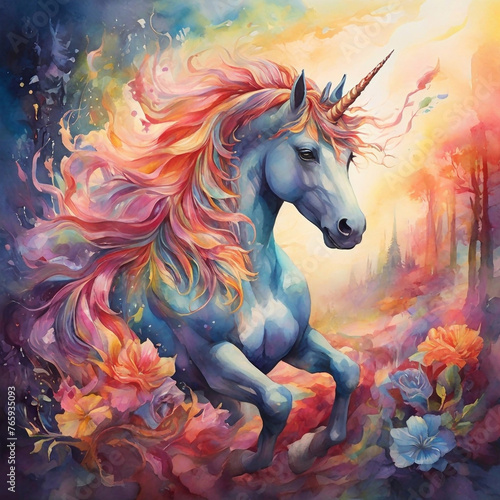 In a whimsically surreal watercolor painting  an enchanting unicorn with rainbow-hued mane and shimmering horn gallops gracefully through a kaleidoscopic forest