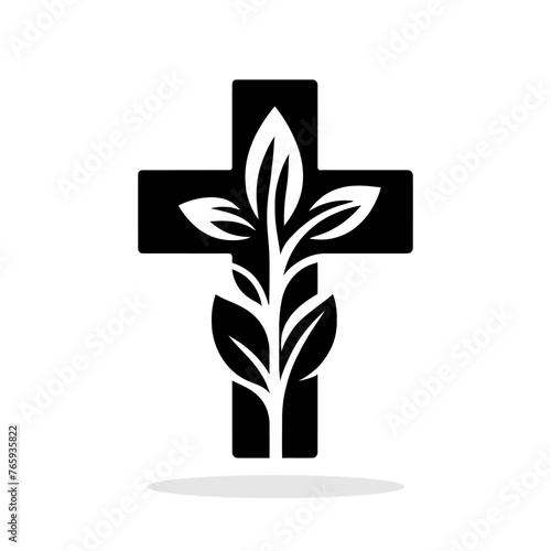 Christian cross icon. Black symbol of christian cross with plant and leaves. Religious symbol.