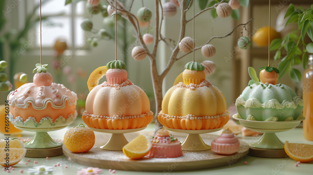 Citrus-Themed Cakes with Zesty Ornaments and Pastel Hues - Delightful Dessert AI-Generated