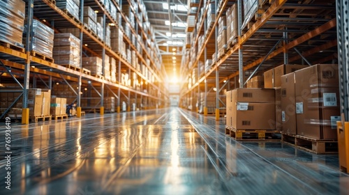 Warehouse or storehouse with rows of boxes on shelves. Industrial background