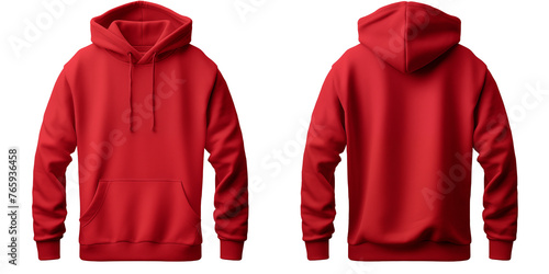 Mockup of two red hoodies front and back, tailored for branding and fashion design use, HD transparent background PNG Stock Photographic Image