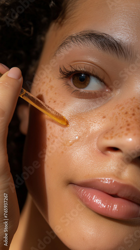 Organic Skincare Routine: High-Resolution Close-Up of Woman Applying Organic Serum on Her Face, Emphasizing the Texture of the Skincare Product and Her Flawless Skin, Capturing the Essence of Natural 