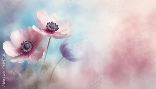 Tapeta w różowe kwiaty, jasny, pastelowy zawilec, wzór kwiatowy, puste miejsce na tekst, kartka na życzenia