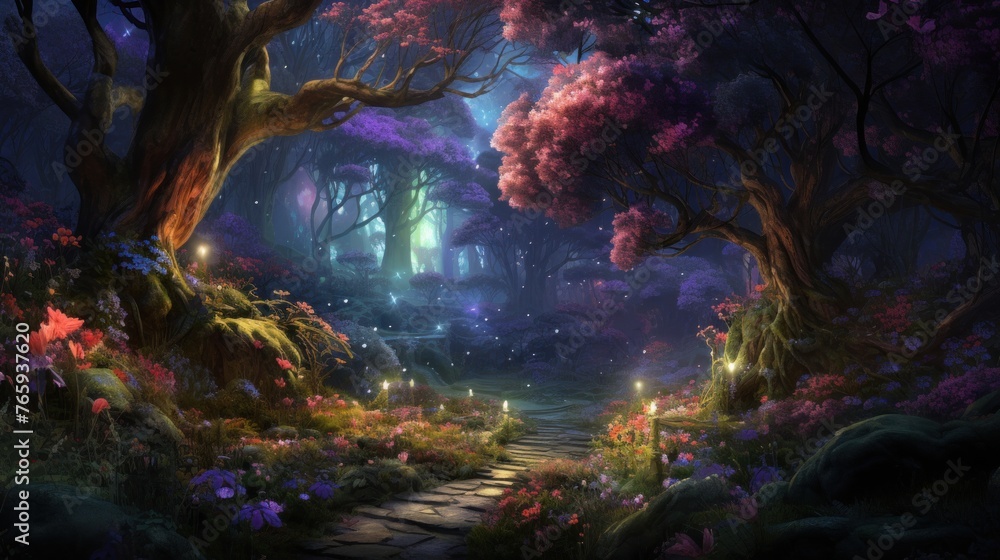 Enchanted forest pathway with mystical lights and blooming trees. Fantasy world.