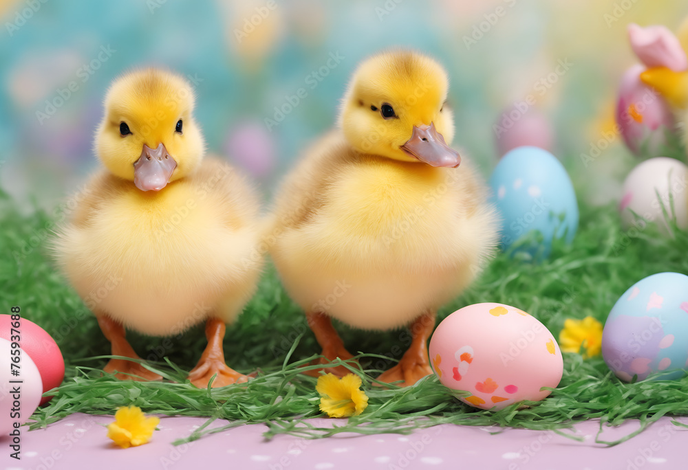 Easter colored eggs and ducklings