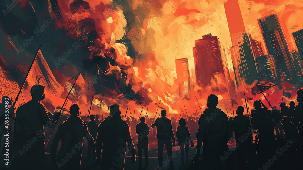 Apocalyptic Rebellion, Fiery Sky and Armed Protesters, Urban Warfare