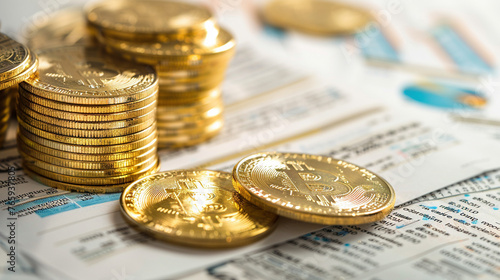 Stack of Gold Coins on Top of Financial Documents