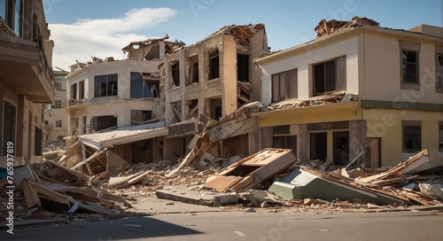 Collapsed buildings and debris after an earthquake