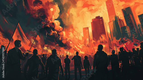 Apocalyptic Rebellion, Fiery Sky and Armed Protesters, Urban Warfare