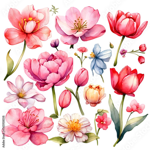 A collection of watercolor-style clipart showcasing an assortment of spring flowers such as tulips, daisies, and cherry blossoms, ideal for creating vibrant seasonal designs.