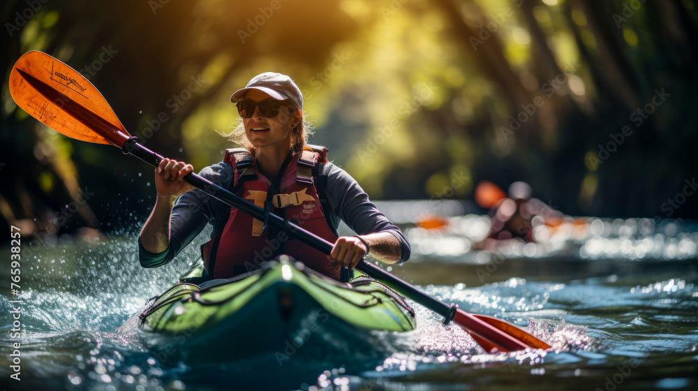 Fototapeta premium Woman kayaking on a serene river surrounded by trees. Outdoor adventure sports concept for travel