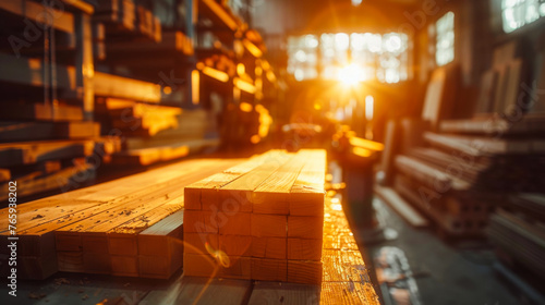 freshly-cut timber catch the last golden rays of the day, illuminating the lumberyard