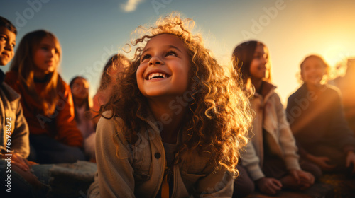 Child laughing with a group of friends during sunset. Happiness and childhood joy