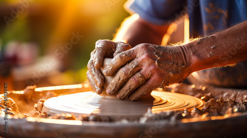 An artisan's hands are covered in clay as they shape a new creation on the potter's wheel