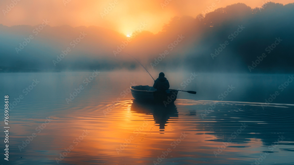 Fishing in the Golden Mist: Sunset Serenity on the Lake