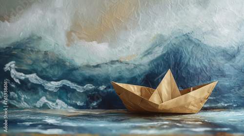 Imaginative Adventure: Detailed Image of Sturdy Paper Boat Against Rough Sea Wall Mural in Child's Bedroom, Blending Reality with Playful Imagination.