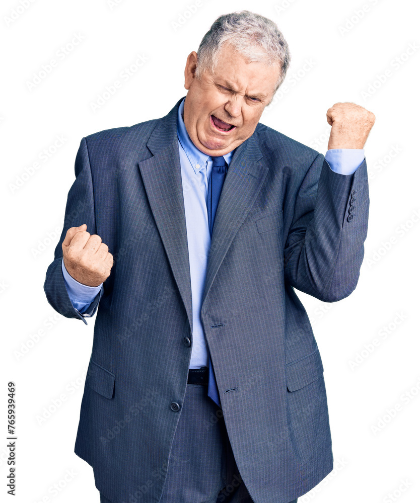 Senior grey-haired man wearing business jacket celebrating surprised and amazed for success with arms raised and eyes closed. winner concept. Senior grey-haired man wearing business jacket celebrating surprised and amazed for success with arms raised and eyes closed. winner concept.