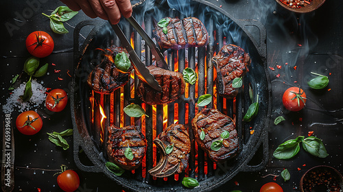 top view of delicious barbeque, meat on a grill, summer camp outdoor food photo