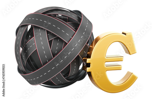 Toll road, concept. Roads knot with euro sign. 3D rendering isolated on transparent background