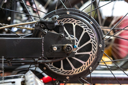 Electric bike rear hydraulic disc brake close up