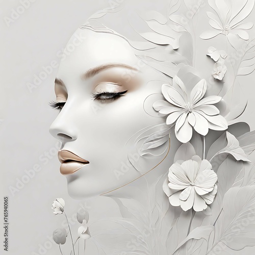 Abstract female face in one line. Woman face with flowers Surreal Line art female floral girl. Minimalism Abstract modern Continuous single line woman face portrait © MuneerGand