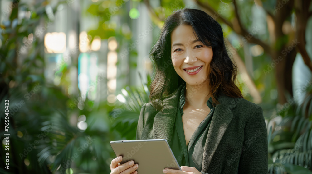 Beautiful modern woman smiling at camera and using a tablet in her hands. Beautiful modern woman smiling at camera and using a tablet in her hands.