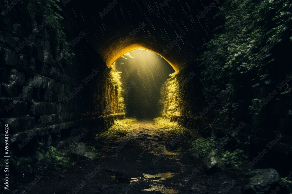 Light at the end of the tunnel during rainy day at night