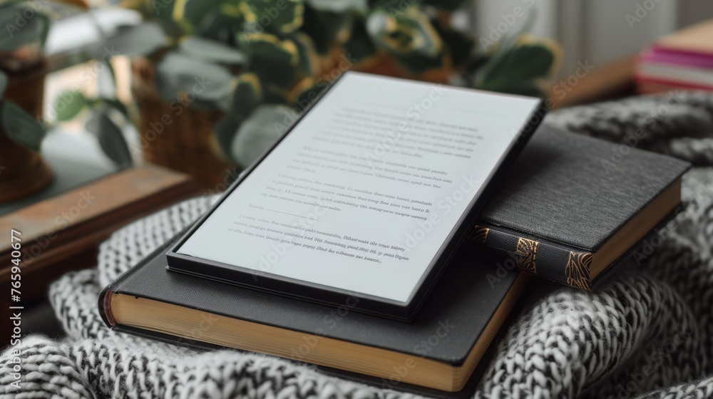 Obraz premium Cozy reading nook with e-reader and traditional books wrapped in comfort