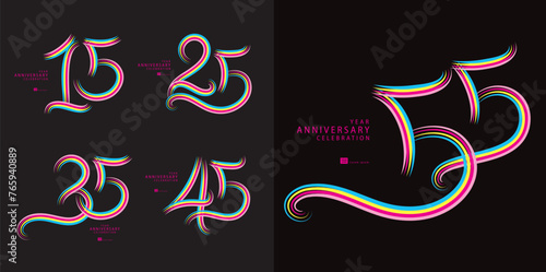 Set of 15 to 55 years Anniversary logotype design, 15, 25, 35, 45, 55 number design, anniversary template, anniversary vector design elements for invitation card, poster, flyer, colorful line vector photo