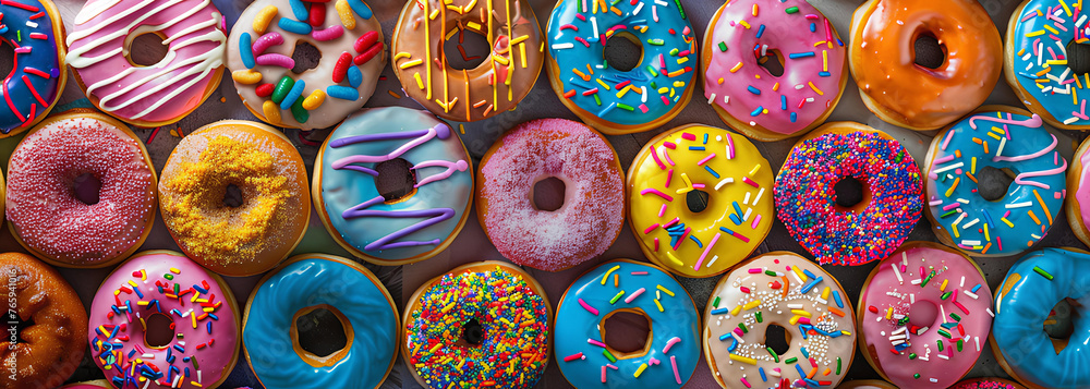 Many sweet donuts with colorful glaze cream
