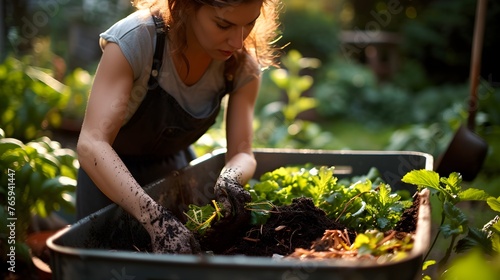 Beautiful woman taking care of urban vegetables garden photo