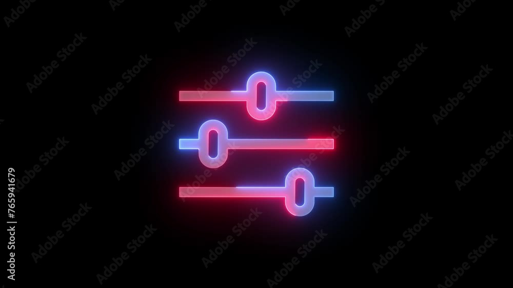 Neon equalizer icon blue red color glowing animation black background Neon equalizer icon blue red color glowing animation black background