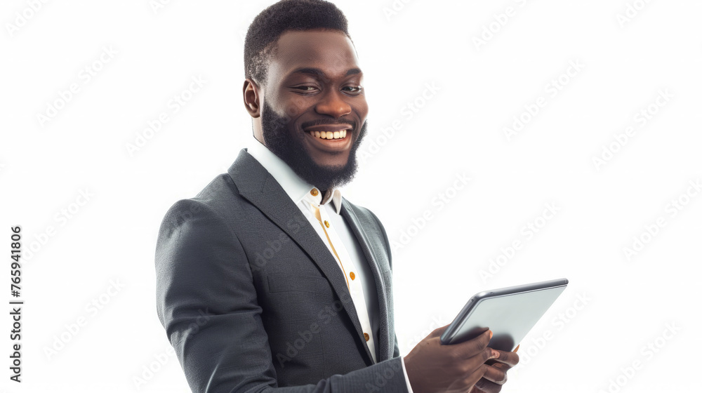 Stylish, modern man smiling at camera and using a tablet in his hands.