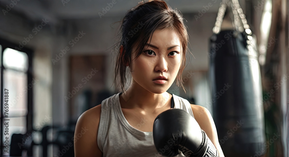 large portrait of an Asian girl on the background of a gym