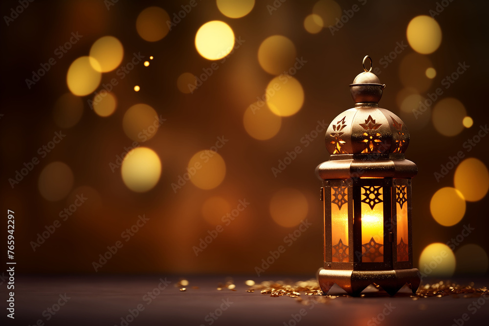 a lantern shines brightly against golden bokeh background with copy space a lantern shines brightly against golden bokeh background with copy space