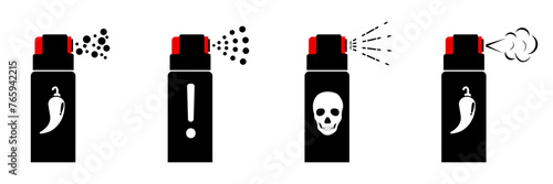 Set of pepper spray icons isolated on white background. Self-defense concept. Chorny pepper gas canisters flat style. Vector illustration of pepper spray.