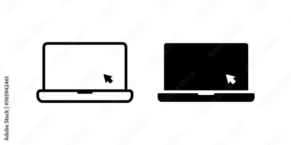 Laptop with pointer or cursor icon isolated. Notebook screen template. Display with clicking mouse on white background. Laptop with pointer or cursor icon isolated. Notebook screen template. Display with clicking mouse on white background.