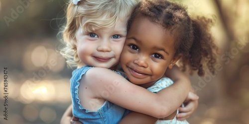 two cute toddlers hugging each other happy