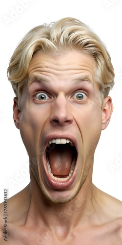portrait of a blond man screaming in shock with wide open mouth