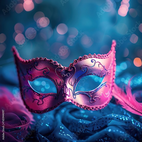 Venetian pink carnival mask on bokeh background