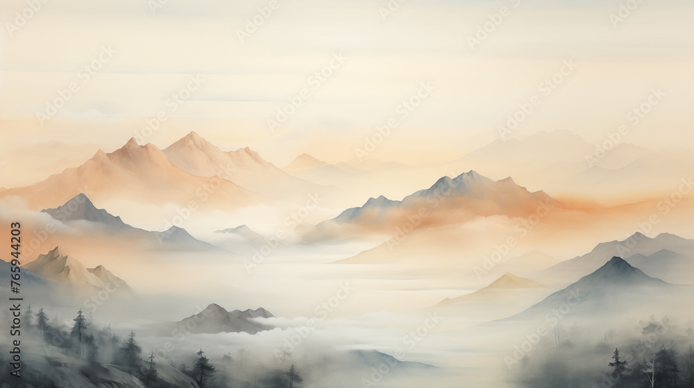 Digital watercolor illustration depicts mist-shrouded mountains rising above a dense forest.