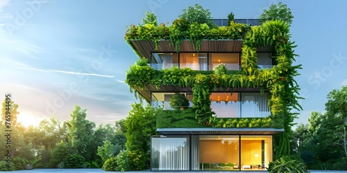 Sustainable green building with energysaving features maximizing natural light and heat absorption for energ. Concept Green Building Design, Energy Efficient Features, Natural Light, Heat Absorption photo