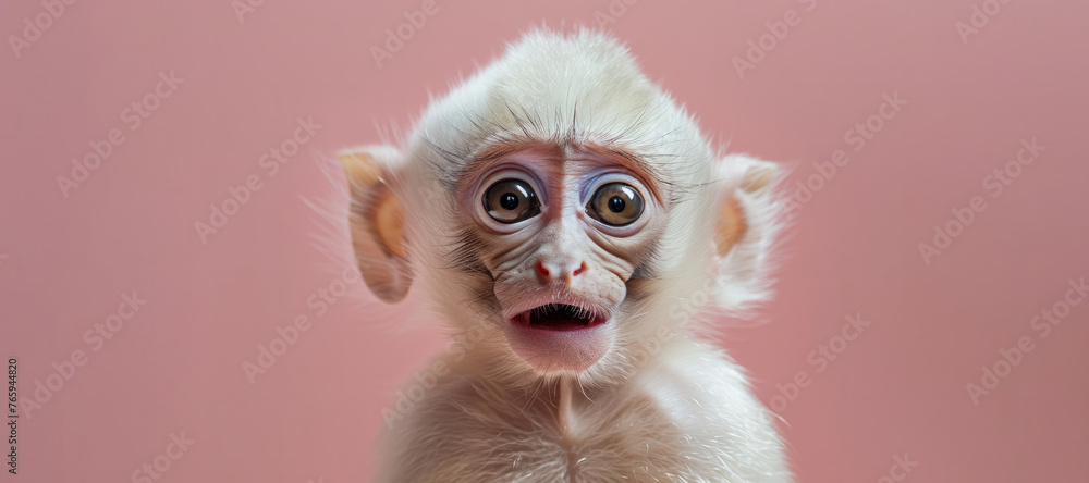 A baby monkey with its eyes closed and a pink background. The monkey is looking at the camera. Portrait of a white cute baby monkey with surprised expression on a pink background