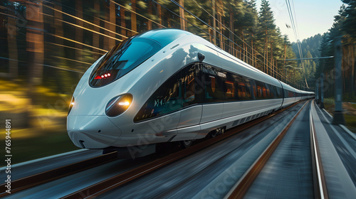A modern high-speed train races along tracks through a dense forest, demonstrating advanced public transportation technology.
